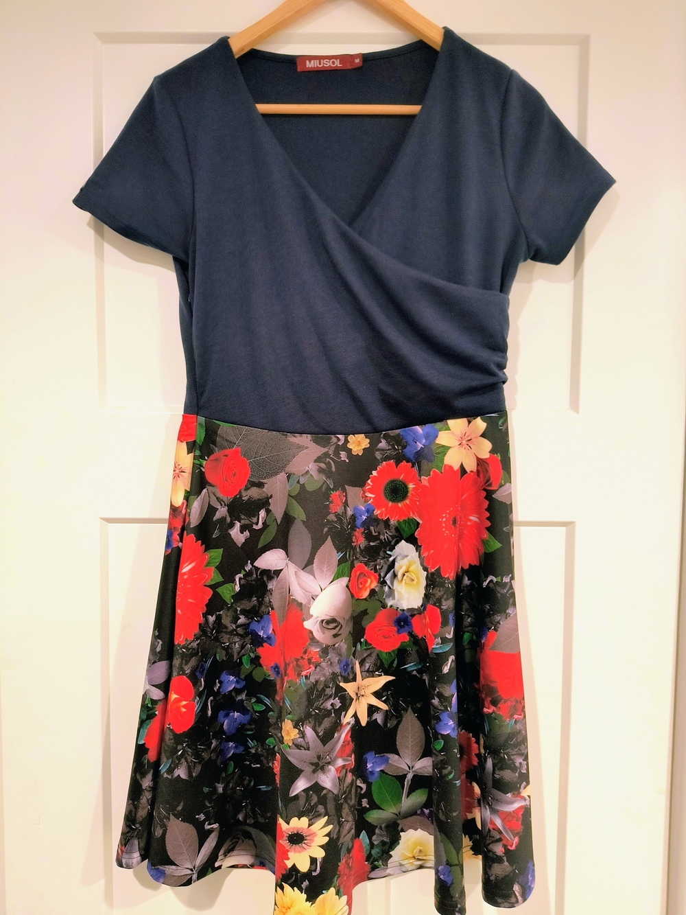 Miusol Navy Wrap Top with Black Floral Skirt